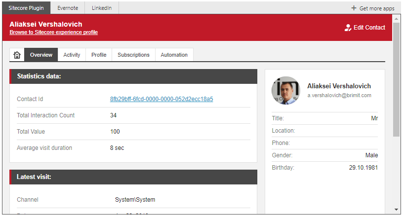 Microsoft Outlook Sitecore CRM tool