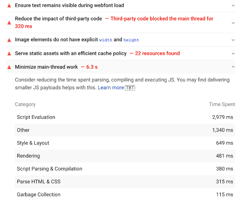 PageSpeed Insight panel - Diagnostics sections