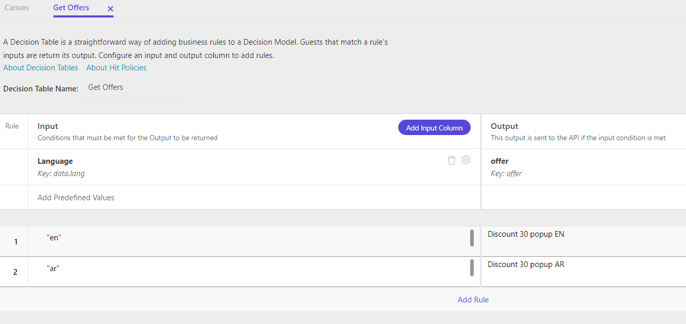Sitecore Personalize - Decision table