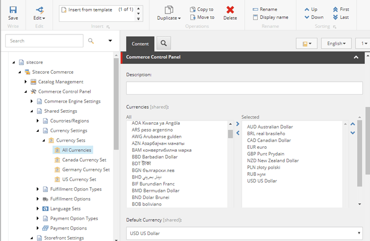 Sitecore commerce currency settings