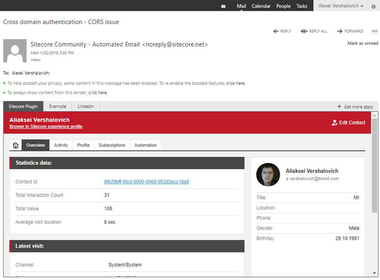 Outlook plugin for Sitecore