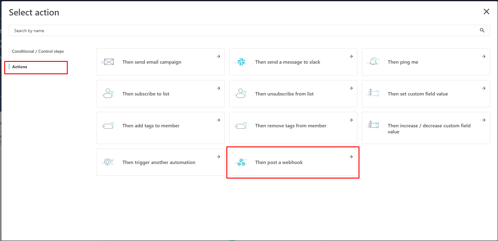 Webhook action select in automation