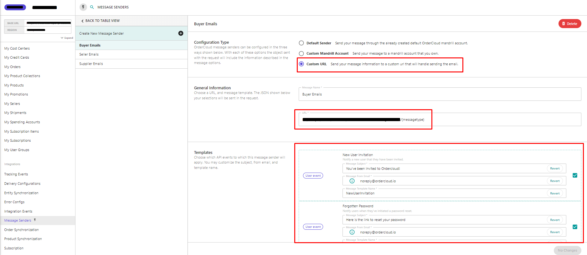 OrderCloud message sender config