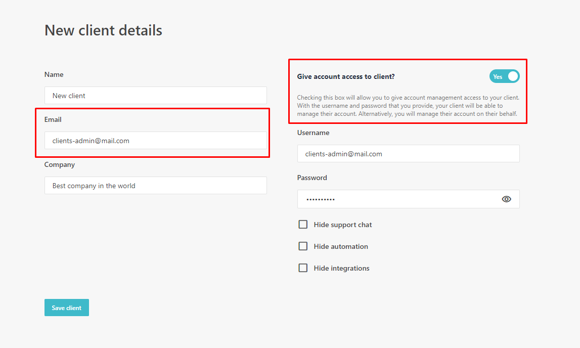 Send: create new client