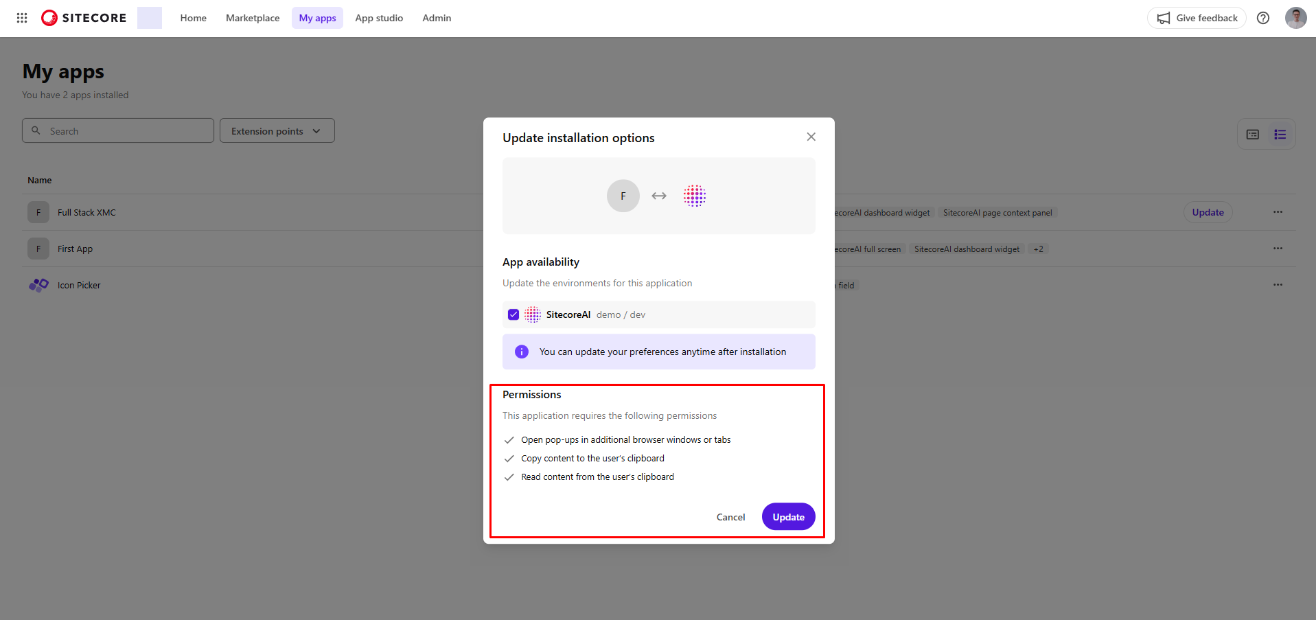 Confirm application update